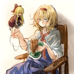 Rule 34 | 1girl, alice margatroid, blonde hair, blue eyes, blush, bow, capelet, chair, doll, dress, hairband, hiso (inoino 4), hourai doll, lowres, rino (inoino 4), short hair, sitting, touhou