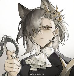 Rule 34 | 1girl, akechi (826988799), animal ears, arknights, artist name, ascot, brown hair, closed mouth, cuffs, earrings, extra ears, gradient background, grey background, hair over one eye, handcuffs, highres, holding, holding handcuffs, jewelry, looking at viewer, mole, mole above eye, penance (arknights), short hair, simple background, solo, upper body, v-shaped eyebrows, weibo watermark, white ascot, white background, wolf ears