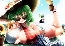 Rule 34 | 0-den, 2girls, absurdres, antennae, ass, between breasts, bikini, black cape, black footwear, blue bikini, blue sky, breast press, breasts, brown headwear, butt crack, cape, cleavage, closed mouth, cloud, curvy, fingernails, flower, green eyes, green hair, hat, highres, huge breasts, kazami yuuka, large breasts, leg up, long fingernails, looking at viewer, lying, multiple girls, nail polish, on stomach, outdoors, plaid, plaid bikini, red bikini, red eyes, red nails, round eyewear, sky, smile, solo focus, straw hat, sunflower, sunglasses, swimsuit, touhou, white bikini, wriggle nightbug