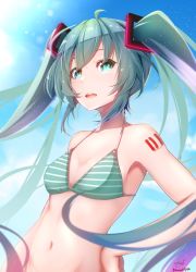 Rule 34 | 1girl, absurdres, ahoge, alternate costume, aqua eyes, aqua hair, baileys (tranquillity650), bare arms, bare shoulders, bikini, blue sky, blush, breasts, cloud, collarbone, day, from side, green eyes, hair between eyes, hair ornament, halterneck, hatsune miku, highres, long hair, looking at viewer, navel, open mouth, outdoors, sky, small breasts, smile, solo, stomach, string bikini, striped bikini, striped clothes, swimsuit, twintails, upper body, very long hair, vocaloid