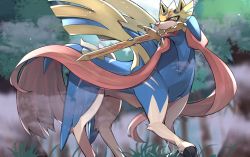 Rule 34 | commentary request, creatures (company), dog, fog, forest, game freak, gen 8 pokemon, grass, highres, kameno sachi, legendary pokemon, looking at viewer, mouth hold, nature, nintendo, no humans, outdoors, pokemon, pokemon (creature), sharp teeth, solo, standing, sword, teeth, weapon, zacian