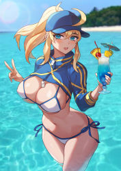 Rule 34 | 1girl, ahoge, artoria pendragon (fate), baseball cap, beach, bikini, blonde hair, blue eyes, blue hat, blue jacket, blush, breasts, cleavage, cropped jacket, cup, drinking glass, fate/grand order, fate (series), hair between eyes, hair through headwear, hat, jacket, large breasts, long hair, long sleeves, looking at viewer, mysterious heroine x (fate), mysterious heroine xx (fate), nasaca, navel, ocean, open mouth, ponytail, shrug (clothing), sidelocks, smile, solo, swimsuit, thighs, v, wading, white bikini