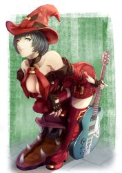 Rule 34 | 1girl, blue eyes, breasts, choker, cleavage, dress, fingerless gloves, gloves, guilty gear, guitar, hat, highres, i-no, instrument, large breasts, latex, latex dress, leaning forward, looking at viewer, o-ring, o-ring top, online neet, short hair, thighhighs, witch hat