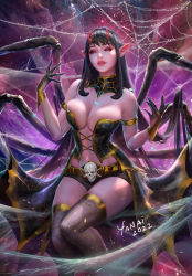 Rule 34 | 1girl, arthropod girl, artist name, bare shoulders, black dress, black sclera, black shorts, black thighhighs, breasts, cleavage, colored sclera, commentary, cross-laced clothes, cross-laced dress, dated, detached collar, dress, english commentary, hands up, highres, horns, insect girl, large breasts, looking at viewer, original, pointy ears, realistic, red eyes, short shorts, shorts, silk, skull, solo, spider girl, spider web, thighhighs, yanaidraws
