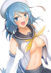 Rule 34 | &gt;:d, 10s, 1girl, :d, bare shoulders, beret, black skirt, bloom, blue eyes, blue hair, blush, breasts, center opening, collarbone, commentary request, double bun, elbow gloves, gloves, hair between eyes, hair bun, hat, kantai collection, large breasts, long hair, looking at viewer, navel, neckerchief, open clothes, open mouth, open shirt, pleated skirt, sailor hat, school uniform, serafuku, shiba nanasei, shirt, simple background, skirt, sleeves rolled up, smile, solo, stomach, underboob, upper body, urakaze (kancolle), v-shaped eyebrows, white background, white gloves, white hat, yellow neckerchief