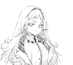 1girl arched_bangs arknights artist_name citron80citron commentary_request earrings from_behind greyscale irene_(arknights) jewelry long_hair looking_at_viewer monochrome short_eyebrows sketch solo upper_body