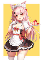 Rule 34 | 1girl, :d, animal ear fluff, animal ear legwear, animal ears, apron, bell, black dress, blush, bow, bowtie, breasts, cat ear legwear, cat ears, cat girl, cleavage, cowboy shot, detached collar, dress, fang, food, frilled sleeves, frills, fruit, gala (16901040), gloves, hair ornament, hairclip, hand on own chest, highres, holding, holding plate, jingle bell, long hair, looking at viewer, maid, maid headdress, mini bowtie, open mouth, original, pink hair, plate, pudding, puffy short sleeves, puffy sleeves, red bow, red bowtie, red eyes, short sleeves, small breasts, smile, solo, straight hair, strawberry, thighhighs, very long hair, white apron, white gloves, white thighhighs, zettai ryouiki