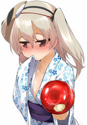 Rule 34 | 10s, 1girl, alternate costume, blush, brown eyes, candy apple, covering own mouth, floral print, food, girls und panzer, hair ribbon, indirect kiss, japanese clothes, kimono, long sleeves, mask, mouth mask, obi, ribbon, sash, shimada arisu, shy, silver hair, solo, terazip, twintails, upper body, wide sleeves