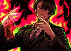 Rule 34 | 1boy, black necktie, blazer, burning falcon, chain, fiery background, fire, flaming hand, jacket, jin (kamen rider 01), kamen rider, kamen rider 01 (series), looking at viewer, male focus, mido (byebyebye03), necktie, progrise key, shirt, smile, striped clothes, striped jacket, vertical-striped clothes, vertical-striped jacket, white shirt