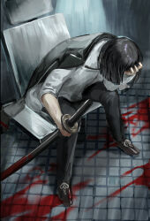 Rule 34 | 1girl, black coat, black hair, black pants, bleeding, blood, blood on ground, bloody weapon, bob cut, brown footwear, bruise, chair, coat, coat on shoulders, commentary request, crying, full body, head down, head rest, highres, holding, holding sword, holding weapon, injury, katana, lapels, leaning, limbus company, long sleeves, na-gyou (nunumaru), notched lapels, on chair, pants, project moon, ryoshu (project moon), scabbard, sheath, sheathed, shirt, shoes, short hair, sitting, sleeve rolled up, solo, sword, tears, tile floor, tiles, weapon, white shirt