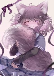 Rule 34 | 1girl, :3, absurdres, ahoge, animal ear fluff, animal ears, black thighhighs, commission, commissioner upload, flat chest, fluffy, heterochromia, highres, hugging own tail, hugging tail, indie virtual youtuber, nail polish, nennekorori4, petite, purple shirt, purple skirt, ribbon, sailor collar, sailor shirt, shirt, skeb commission, skirt, smile, smug, solo, tail, thighhighs, tlombard2000, virtual youtuber, wolf ears, wolf girl, wolf tail