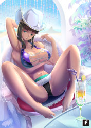 Rule 34 | 1girl, arm behind head, arm under breasts, armpits, bare legs, bare shoulders, barefoot, black hair, black panties, blue eyes, blunt bangs, breasts, cameltoe, chair, cleavage, cleft of venus, collarbone, cowboy hat, cross-laced clothes, cross-laced top, cup, drinking glass, drinking straw, extra arms, eyeliner, full body, fur-trimmed jacket, fur trim, hana hana no mi, hat, highres, jacket, knees up, large breasts, looking back, makeup, midriff, navel, nico robin, one piece, panties, pantyshot, parted lips, shiny skin, sitting, spread legs, table, tassel, teng zhai zi, thighs, toenails, toes, underwear, white headwear