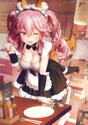 Rule 34 | 10s, 1girl, ;d, animal ears, apron, artist name, black footwear, blush, breasts, brown eyes, chair, cleavage, detached collar, detached sleeves, fate/extella, fate/extra, fate (series), fork, fox ears, fox shadow puppet, fox tail, frilled hairband, frills, gio (maroon0924), hairband, handkerchief, high heels, indoors, large breasts, leg up, long hair, looking at viewer, maid, maid apron, maid headdress, official alternate costume, one eye closed, open mouth, pink hair, plate, restaurant, short sleeves, smile, solo, standing, standing on one leg, table, tail, tamamo (fate), tamamo no mae (fate/extra), tamamo no mae (tailmaid strike) (fate), twintails, waist apron, waitress, wink, yellow eyes