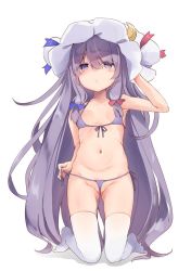 Rule 34 | 1girl, absurdly long hair, bikini, blue bow, bow, breasts, crescent, crescent hair ornament, front-tie bikini top, front-tie top, full body, hair between eyes, hair bow, hair ornament, hat, kedama milk, kneeling, long hair, looking at viewer, micro bikini, navel, patchouli knowledge, purple bikini, purple eyes, purple hair, red bow, side-tie bikini bottom, small breasts, solo, swimsuit, thighhighs, touhou, untied bikini, very long hair, white thighhighs
