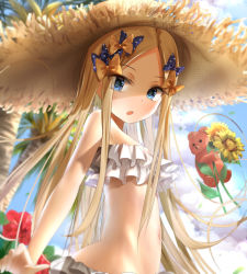 Rule 34 | 1girl, abigail williams (fate), bare shoulders, bikini, blonde hair, blue eyes, blue sky, blush, bow, breasts, commentary request, day, fate/grand order, fate (series), flower, forehead, frilled bikini, frills, hair bow, hat, long hair, looking at viewer, multiple hair bows, navel, open mouth, orange bow, parted bangs, polka dot, polka dot bow, sakazakinchan, sky, small breasts, solo, straw hat, stuffed animal, stuffed toy, sunflower, swimsuit, teddy bear, white bikini