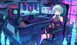 Rule 34 | 1girl, apex legends, apricot the lich, apricot the lich (1st costume), aqua theme, bad id, bad twitter id, bare shoulders, beans, blue fire, bread, bread slice, breasts, bug, candle, chair, computer, cup, desk, drawing tablet, fang, feet out of frame, fire, food, fuse (apex legends), green eyes, green hair, haruka karibu, highres, holding, holding cup, horns, indie virtual youtuber, indoors, jewelry, kevin hong, keyboard (computer), looking at viewer, medium breasts, melody (projektmelody), monitor, mouse (computer), multiple horns, nintendo, nintendo switch, plate, pointy ears, purple theme, ring, silk, silvervale, single thighhigh, sitting, skeleton, skin fang, skirt, spider, spider web, teapot, thighhighs, tiara, virtual youtuber, vshojo, window, wings, zentreya