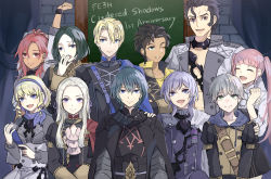 Rule 34 | 4boys, 6+boys, anniversary, arm up, armor, ascot, ashe ubert, balthus von albrecht, black armor, blonde hair, blue cape, blue eyes, blue hair, bracelet, braid, brown eyes, byleth (fire emblem), byleth (male) (fire emblem), cape, chalkboard, choker, claude von riegan, closed eyes, constance von nuvelle, crossed arms, dark-skinned female, dark-skinned male, dark skin, dimitri alexandre blaiddyd, dress, drill hair, edelgard von hresvelg, fire emblem, fire emblem: three houses, freckles, garreg mach monastery uniform, green eyes, green hair, grey hair, hair ribbon, hairband, hand fan, hand on another&#039;s shoulder, hapi (fire emblem), hilda valentine goneril, holding, holding fan, hood, hood down, jacket, jewelry, linhardt von hevring, long hair, matching hair/eyes, muguet3h, multicolored hair, multiple boys, nintendo, one eye closed, open clothes, open jacket, open mouth, pink hair, purple eyes, purple hair, red cape, red eyes, red hair, ribbon, scarf, short hair, single braid, skirt, sleeves rolled up, strap, twintails, two-tone hair, white cape, white hair, yawning, yellow cape, yuri leclerc