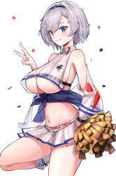 Rule 34 | 1girl, absurdres, azur lane, blue eyes, breasts, cheerleader, commentary request, cowboy shot, crop top, eagle union (emblem) (azur lane), from side, gu luco, highres, holding, holding pom poms, large breasts, looking at viewer, midriff, navel, parted hair, pom pom (cheerleading), purple sash, reno (azur lane), reno (biggest little cheerleader) (azur lane), sash, see-through skirt, see-through, short hair, skirt, smile, solo, standing, standing on one leg, two-tone skirt, underboob, v, white background