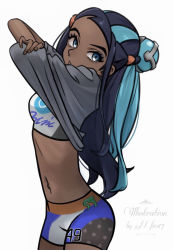 Rule 34 | 1girl, aqua eyes, aqua hair, bike shorts, black hair, breasts, closed mouth, clothes lift, commentary request, cowboy shot, creatures (company), dark-skinned female, dark skin, echizen (n fns17), fingernails, game freak, grey shirt, highres, long hair, looking back, multicolored hair, navel, nessa (pokemon), nintendo, pokemon, pokemon swsh, shirt, shirt lift, sidelocks, simple background, solo, sports bra, two-tone hair, white background