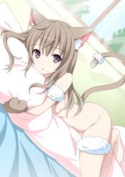 Rule 34 | 1girl, :o, animal ear fluff, animal ears, animal hands, arm garter, bad id, bad pixiv id, barefoot, bed sheet, blue sky, breasts, brown gloves, brown hair, cat ears, cat girl, cat tail, commentary request, day, fur, gloves, hugging object, kyariko, long hair, looking at viewer, lying, medium breasts, nude, on bed, on stomach, open mouth, original, outdoors, paw gloves, pillow, pillow hug, purple eyes, sky, solo, tail, tree, window