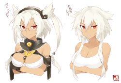 Rule 34 | 10s, 1girl, bad id, bad twitter id, breast hold, breasts, budget sarashi, cleavage, comparison, crossed arms, dark-skinned female, dark skin, glasses, gloves, hair down, headgear, kantai collection, large breasts, long hair, looking at viewer, musashi (kancolle), musashi kai (kancolle), no eyewear, pointy hair, red eyes, sarashi, shigino sohuzi, short hair with long locks, smile, translation request, twintails, two side up, white background