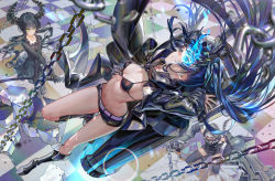 Rule 34 | 3girls, arched back, arm cannon, arms up, artist name, belt, bikini, bikini top only, black bikini, black coat, black dress, black footwear, black gloves, black hair, black legwear, black pants, black rock shooter, black rock shooter (character), black shorts, blue eyes, blunt bangs, blurry, boots, breasts, chain, coat, crack, cracked floor, crossed arms, dead master, depth of field, dress, drill hair, eyelashes, flaming eye, floating hair, from above, front-tie top, gloves, glowing, glowing eye, green eyes, highres, holding, holding scythe, holding weapon, hood, hood down, hood up, hooded coat, horns, knee boots, long hair, looking at viewer, looking up, multiple girls, navel, oohhya, outstretched arms, pants, parted lips, rubble, scar, scar on chest, scythe, short shorts, shorts, sleeveless, smile, squatting, standing, star (symbol), strength (black rock shooter), swimsuit, thighhighs, tile floor, tiles, twin drills, twintails, unzipped, very long hair, weapon, white hair