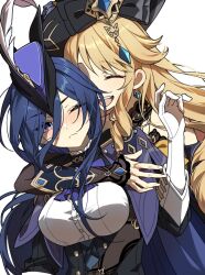 2girls ascot blonde_hair blue_eyes blue_hair blush breasts clorinde_(genshin_impact) closed_eyes closed_mouth commentary_request commission corset drill_hair drill_sidelocks genshin_impact gloves goyaigoyai hat highres hug hug_from_behind korean_commentary large_breasts long_hair long_sleeves multiple_girls one_eye_closed open_mouth purple_ascot shirt sidelocks smile tricorne very_long_hair white_gloves white_shirt