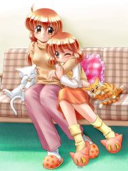 Rule 34 | 2girls, breasts, cat, couch, frilled pillow, frills, large breasts, multiple girls, original, pillow, siblings, sisters, skirt, slippers, socks, sweater vest, turtleneck, vest, zan