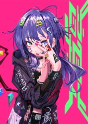 Rule 34 | 1girl, absurdres, arm belt, bad id, bad twitter id, belt, belt collar, black shirt, blue eyes, closed mouth, clothes writing, collar, earrings, facial tattoo, fingernails, gishiki (gshk), hair ornament, hairclip, hand tattoo, hand up, highres, hood, hooded jacket, jacket, japanese flag, jewelry, long hair, long sleeves, looking at viewer, nail polish, nazi flag, original, pink background, pink nails, purple jacket, ring, shirt, smile, solo, swastika, tagme, tail, tattoo, yellow eyes