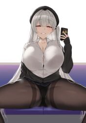 Rule 34 | + +, 1girl, absurdres, azur lane, beret, black bra, black hat, black jacket, black panties, black pantyhose, blunt bangs, bra, bra peek, breasts, cellphone, cleavage, collared shirt, corrupted file, cross-shaped pupils, grey hair, hair between eyes, hair in own mouth, half-closed eyes, hand up, hat, highres, holding, holding phone, huge breasts, jacket, light blush, long hair, long sleeves, looking at viewer, naughty face, noe (ppppriver), off shoulder, official alternate costume, one side up, open clothes, open jacket, panties, panties under pantyhose, pantyhose, parted lips, phone, pleated skirt, red eyes, scylla (azur lane), scylla (femme fatale fresher) (azur lane), seductive smile, shirt, sitting, skirt, smartphone, smile, solo, spread legs, steaming body, symbol-shaped pupils, thick thighs, thighs, underwear, white shirt