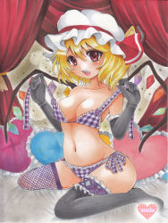 Rule 34 | 1girl, black gloves, black thighhighs, blonde hair, blush, bra, breasts, elbow gloves, fang, fishnet thighhighs, fishnets, flandre scarlet, frilled pillow, frills, gloves, hat, heart, heart-shaped pillow, looking at viewer, maccha xxxxxx, marker (medium), open mouth, panties, pillow, plaid, plaid bra, plaid panties, red eyes, short hair, sitting, solo, thighhighs, touhou, traditional media, underwear, underwear only, wariza, wings