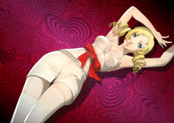 Rule 34 | 1girl, 3d, absurdres, atlus, blonde hair, blue eyes, bow, catherine, catherine (game), drill hair, highres, huge filesize, key visual, lying, non-web source, official art, on back, promotional art, soejima shigenori, thighhighs, twintails, waist bow, white thighhighs, zettai ryouiki