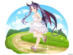Rule 34 | 1girl, :o, bare arms, bare shoulders, black wings, blue sky, blush, breasts, choker, cloud, collarbone, company name, day, demon girl, demon horns, demon tail, demon wings, dress, from behind, full body, grass, hair ornament, hill, horns, leg up, long hair, looking at viewer, looking back, medium breasts, monmusu harem, monmusume-harem, namaru (summer dandy), official art, outdoors, path, platform footwear, pointy ears, purple hair, red eyes, red wings, richelle (monmusume-harem), road, sandals, shiny skin, short dress, skirt hold, sky, solo, sparkle, standing, standing on one leg, sundress, tail, twintails, white background, white choker, white dress, wings