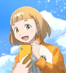 Rule 34 | 1girl, :d, blue sky, blunt bangs, brown hair, cellphone, clenched hand, cloud, dated, highres, jacket, long sleeves, looking at viewer, open mouth, phone, short hair, sky, smartphone, smile, solo, sora yori mo tooi basho, tamaki mari, terry lydiment, yellow eyes