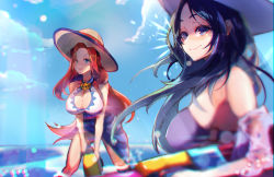 Rule 34 | 2girls, absurdres, bikini, black hair, blue eyes, blue sky, breasts, closed mouth, cloud, cloudy sky, hat, highres, hunched over, jewelry, large breasts, league of legends, long hair, mariobaby, miss fortune (league of legends), multiple girls, necklace, ocean, pool party (league of legends), red hair, side-tie bikini bottom, sky, smile, sun hat, swimsuit, water, water gun