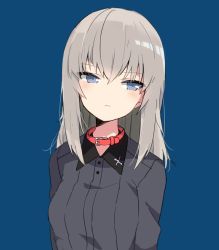 Rule 34 | 10s, 1girl, animal collar, blonde hair, blue background, blue eyes, blush, buttons, collar, commentary request, dress shirt, fatigues, girls und panzer, grey shirt, itsumi erika, long hair, long sleeves, looking at viewer, military, military uniform, nashitsuta, school uniform, shirt, silver hair, simple background, solo, uniform