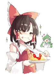 Rule 34 | &gt; &lt;, 2girls, apron, ascot, bare shoulders, blush, blush stickers, bow, brown eyes, brown hair, closed mouth, deetamu, detached sleeves, eating, food, food on face, frog hair ornament, green hair, hair bow, hair ornament, hair tubes, hakurei reimu, heart, highres, holding, holding spoon, japanese clothes, kappougi, kochiya sanae, long hair, multiple girls, nontraditional miko, omelet, omurice, open mouth, red bow, sidelocks, simple background, smile, snake hair ornament, sparkle, spoon, touhou, white background, white sleeves, wide sleeves, yellow ascot