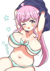 Rule 34 | 1girl, absurdres, areola slip, argyros, bikini, blush, bouncing breasts, breasts, green bikini, highres, kazairo kotone, large breasts, motion lines, navel, one eye closed, open mouth, pink hair, rpg fudousan, simple background, solo, swimsuit, unaligned breasts, white background