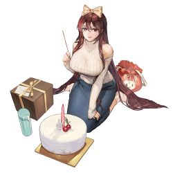 Rule 34 | 1girl, animal print, bag, bare shoulders, blue eyes, blue skirt, bow, box, breasts, brown hair, cake, candle, clothing cutout, cropped sweater, curvy, fireworks, food, full body, game cg, gift, gift box, hair between eyes, hair bow, hair ribbon, hand on own thigh, headband, heterochromia, highres, holding, holding fireworks, large breasts, last origin, letter, long hair, long skirt, long sleeves, looking at viewer, official alternate costume, official art, open bag, open mouth, pencil skirt, rabbit print, red eyes, ribbed sweater, ribbon, rorobomb, seiza, shoulder cutout, sitting, skirt, smile, socks, solo, sparkler, sweater, tachi-e, thermos, transparent background, turtleneck, turtleneck sweater, valkyrie (last origin), very long hair, white socks, wide hips, yellow ribbon