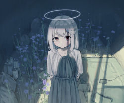 Rule 34 | 1girl, absurdres, arms behind back, charger, collarbone, commentary, dress, flower, halo, highres, looking at viewer, original, purple flower, red eyes, sakiika0513, shadow, short hair, solo, standing, trash bag, white dress, white hair, wing hair ornament