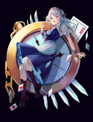Rule 34 | 1girl, absurdres, ace (playing card), ace of clubs, ace of hearts, apron, black background, blue dress, blue eyes, blue skirt, boots, bow, braid, card, club (shape), dress, frilled apron, frilled skirt, frills, hair bow, heart, heterochromia, highres, izayoi sakuya, joker (playing card), knife, kuma-ra, looking at viewer, maid, maid apron, maid headdress, medium hair, playing card, pocket watch, puffy short sleeves, puffy sleeves, red eyes, short hair, short sleeves, silver hair, skirt, thighhighs, touhou, twin braids, waist apron, watch, weapon, white thighhighs, wrist cuffs