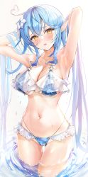 Rule 34 | 1girl, absurdres, ahoge, armpits, arms behind head, arms up, bare arms, bikini, blue bikini, blue hair, blush, breasts, cleavage, cowboy shot, elf, flower, frilled bikini, frills, hair between eyes, hair flower, hair ornament, heart, heart ahoge, highres, hololive, large breasts, long hair, looking at viewer, mugiusagi, navel, parted lips, pointy ears, resolution mismatch, solo, source smaller, standing, stomach, swimsuit, twintails, very long hair, virtual youtuber, wading, water, wet, white background, yellow eyes, yukihana lamy