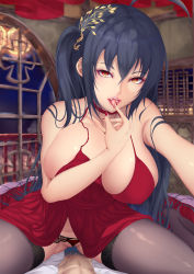Rule 34 | 1boy, 1girl, abs, ahoge, azur lane, bare shoulders, bed, belt, black hair, black thighhighs, blush, breast lift, breasts, buckle, choker, cleavage, clothing aside, collarbone, crossed bangs, dress, fangs, garter belt, hair between eyes, hair ornament, highres, huge breasts, indoors, lace, lace-trimmed garter belt, lace-trimmed legwear, lace trim, lantern, large breasts, leaning forward, licking, licking finger, long hair, looking at viewer, muscular, night, no shoes, one side up, open mouth, panties, panties aside, pants, pov, red dress, red eyes, shiro usagi, shirt, sidelocks, smile, straddling, taihou (azur lane), taihou (forbidden feast) (azur lane), thighhighs, thighs, tongue, tongue out, unbuttoned, unbuttoned shirt, underwear, very long hair, white shirt, window