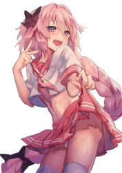 Rule 34 | 1boy, astolfo (fate), astolfo (sailor paladin) (fate), bad id, bad pixiv id, black bow, bow, braid, chariot.f, fang, fate/apocrypha, fate/grand order, fate (series), garter straps, hair intakes, hair ribbon, looking at viewer, male focus, multicolored hair, official alternate costume, open mouth, panties, pantyshot, pink hair, purple eyes, red sailor collar, red skirt, ribbon, sailor collar, school uniform, serafuku, single braid, skirt, solo, streaked hair, trap, underwear