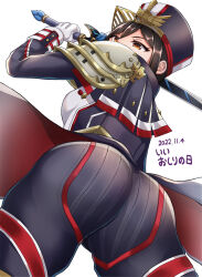 Rule 34 | 1girl, 2022, ass, ass focus, back, black coat, black pants, brown eyes, brown hair, coat, dated, from below, gloves, highres, holding, holding sword, holding weapon, kurume sml, long hair, long sleeves, military, military uniform, morag ladair (xenoblade), pants, simple background, solo, sword, uniform, weapon, white background, white gloves, xenoblade chronicles (series), xenoblade chronicles 2