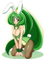 Rule 34 | 10s, 1girl, animal ears, bare shoulders, big hair, blush, breasts, rabbit tail, playboy bunny, cleavage, cure march, curvy, detached collar, eyelashes, green eyes, green hair, green theme, kneeling, large breasts, leotard, midorikawa nao, pantyhose, ponytail, precure, smile precure!, solo, tail, tiara, tri tails, white background, wrist cuffs, yuzumiya mono
