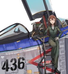 Rule 34 | 1girl, :d, absurdres, aircraft, airplane, black footwear, black headwear, boots, brown eyes, brown hair, cockpit, commission, english text, fighter jet, gar32, green jumpsuit, hand on own hip, unworn headwear, highres, jet, jumpsuit, ladder, long hair, looking at viewer, military, military vehicle, open mouth, original, shirt, simple background, smile, solo, standing, white background, white shirt, wide shot