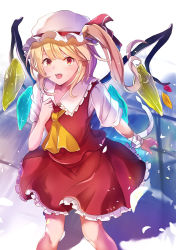 Rule 34 | 1girl, arm up, ascot, bandaged wrist, bandages, blonde hair, blue background, commentary, fangs, feet out of frame, flandre scarlet, gradient background, hand on own chest, hat, hat ribbon, highres, light blush, light particles, looking at viewer, mob cap, one side up, open mouth, petticoat, puffy short sleeves, puffy sleeves, red eyes, red skirt, red vest, ri cochet, ribbon, shadow, shirt, short hair, short sleeves, skirt, solo, standing, teeth, touhou, upper teeth only, vest, white hat, white shirt, wings, yellow ascot