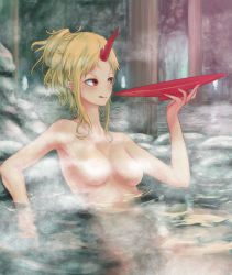 Rule 34 | 1girl, :q, alternate hairstyle, blonde hair, blush, breasts, collarbone, commentary request, convenient censoring, cup, forehead, hand up, holding, holding cup, horns, hoshiguma yuugi, medium breasts, nude, onsen, partially submerged, red eyes, rock, roke (taikodon), sakazuki, short hair, sidelocks, single horn, sitting, solo, steam, steam censor, tongue, tongue out, touhou, water