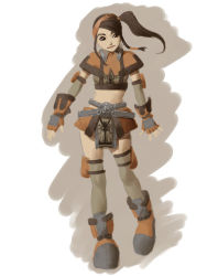 Rule 34 | 1girl, alien1452, armor, boots, brown eyes, brown hair, gloves, ponytail, side ponytail, skirt, solo, thighhighs